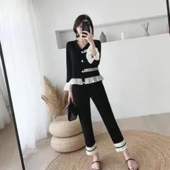 2点セットレディース Vネック ワイドパンツ セットアップ ニット カジュアル