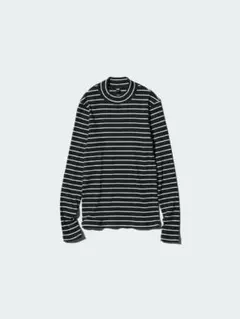 ユニクロ　リブ　ハイネックボーダーT ストライプ長袖Tシャツ ブラック