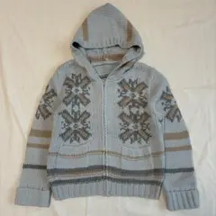【セール】 ノルディック柄 ニットジップパーカー くすみ水色系 フード付き M