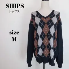 【a2304】SHIPS シップス 美品 アーガイル柄 ニット M ブラックのサムネイル