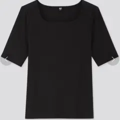 UNIQLO リブ スクエアネック Tシャツ ブラック Mのサムネイル