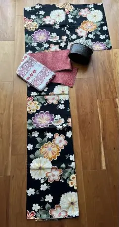【3点セット】浴衣 帯 カゴバッグ フルセット 黒地 華やか 大菊 古典モダン