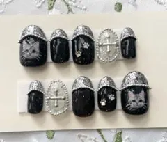 ハンドメイド　ネイルチップ　猫ネイル　フレンチネイル　チェーンネイル　アメショ