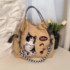 大容量猫刺繍エコバッグ ベージュ