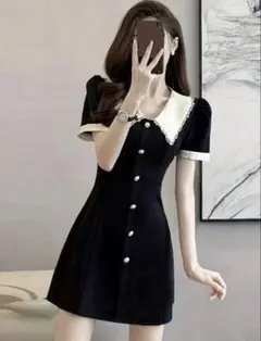 黒い襟付きミニワンピース 半袖