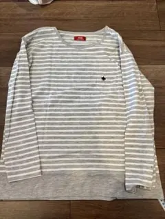 POLO ボーダー 長袖カットソー M グレー×ホワイト 胸ポケット ロゴ刺繍
