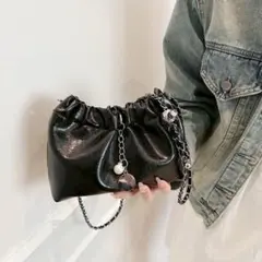 メタリック 巾着 チェーンバッグ 2WAY ブラック ショルダーバッグ 黒