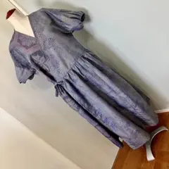 大島紬　ブルーグレー　亀甲花柄 mixカシュクール風 半袖ワンピース着物リメイク