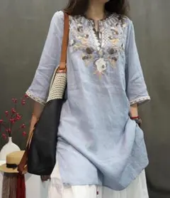 ロングシャツ カジュアル チュニック 刺繡 シャツブラウス ロング丈 ブルー