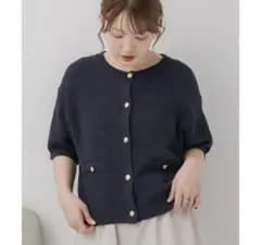 レトロガール　金釦半袖NTカーデ　カーディガン　ニット　ネイビー　ブルー　5分丈