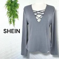 5204【SHEIN】編み上げVネック リブニットトップス グレー XXL