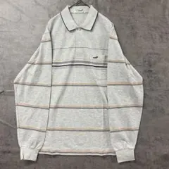 クロコダイル メンズ長袖ポロシャツ Ｌ ボーダー コットン 灰×橙【6333】