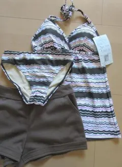 新品 9M 婦人 タンキニ 水着 ボーダー 3点セット 茶パンツのサムネイル