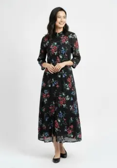JEANASIS 花柄プリント マキシワンピ くるみボタン リボン付Fサイズ