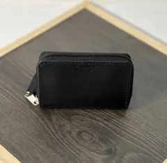 本革 ラウンドファスナー ミニ財布 コンパクト財布 小銭入れ 黒 ハンドメイド