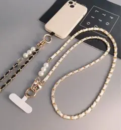 スマホショルダー　ストラップ　パール　ブラック　黒　キルティング　チェーン