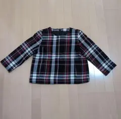 レディース　カットソー　七分袖　毛　ウール100％　チェック　エンジ