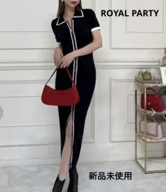 新品ROYAL PARTY 襟付配色ダブルZIPタイトニットワンピース ブラック
