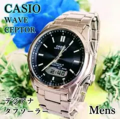 良品 カシオ メンズ腕時計ウェーブセプター ネイビーブルー電波ソーラー デジアナ