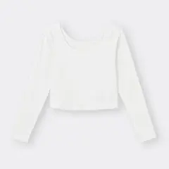 GU コットンブレンドリブクロップドワイドネックT 長袖　オフホワイト　Mサイズ