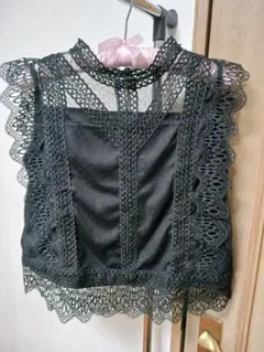 チュールレース 金ボタン ブラウス ブラックレース シースルー ハイネック