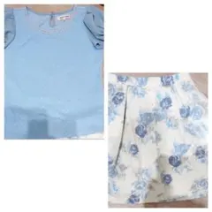 【週末セール】ミッシュマッシュ　水色パフスリーブトップスと花柄スカートセット