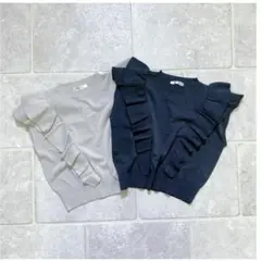 グレージュ フリルニットPO サマーセーター フリル袖