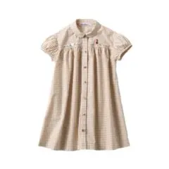 【ファミリア】ワンピース 半袖 フレア チェック 刺繍 襟付き シャツ ブラウス