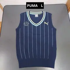 PUMA　プーマ　ストライプ柄Vネックベスト　レディースL　ネイビー