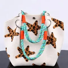 トートバッグ　ニットバッグ　レオパード　星　ターコイズ　ナチュラル