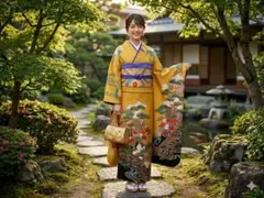 正絹 振袖セット マスタード×青紫 大人古典 七宝華紋袋帯・長襦袢セット