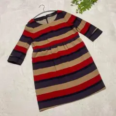 0677 グレースコンチネンタル 【S】 ひざ丈ワンピース ボーダー柄 七分袖