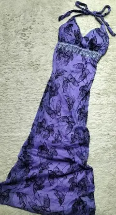 紫 蝶プリント ハルターネックドレス