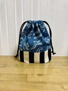 【53B】ハンドメイド 給食袋 コップ袋 恐竜 ブルー ストライプ 1