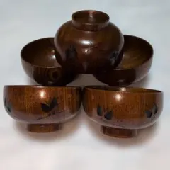 天然木製 汁椀 5客セット 蝶々柄 漆器風のサムネイル
