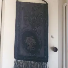 シルク100% ブラックベロアのスカーフ ゴールド刺繍 フリンジ 透け感 高級感