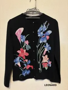 LEONARD レオナール カーディガン カシミヤ レオナール 0367571 ﾌﾞﾗｯｸ ｶｼﾐﾔ×ｼﾙｸ ﾌﾗﾜｰ刺繍 ﾗｲﾝｽﾄｰﾝﾆｯﾄｶｰﾃﾞｨｶﾞﾝ 42