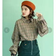 REDYAZEL ボリュームスリーブ チェックシャツ　ブラウン