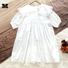 【未使用】ビッグカラーブラウス フレアチュニック ひざ丈ワンピ ゆったり M 白