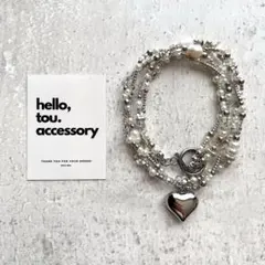 淡水パールシルバービーズネックレス　ステンレスハート　ねじりデザイン