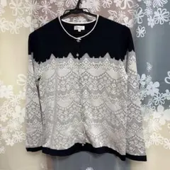 PART2 ネイビー/ホワイト レースカーディガン M