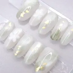 123 ネイルチップXSサイズ 韓国 清楚 フラワー ニュアンス マグネット　緑