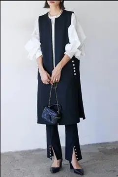 ロングジレ ネイビー ベスト　体型カバー ジレ 卒業式 入学 オシャレ　1039