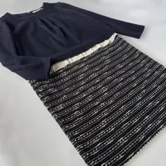 美品　AuieF ツイード　ひざ丈　ワンピース　切替　フリル　ペプラム　ネイビー