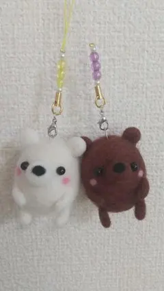 羊毛フェルト クマ白クマストラップ