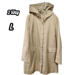 ☆美品フード付きベージュ ロングコート L　スプリングコート　ポケット ジッパー