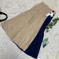 新品未使用　アンナニコラ　ロングフレアスカート　ベージュ　紺　綿　38 Mサイズ