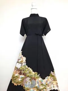 黒留袖リメイク ボレロ付きワンピース金彩扇面と花柄 - メルカリ