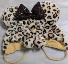 ヒョウ柄ファー帽子 スパンコールリボン付き