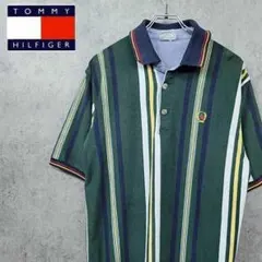 90s トミー ヒルフィガー 刺繍 ストライプ ポロシャツ グリーン L 古着